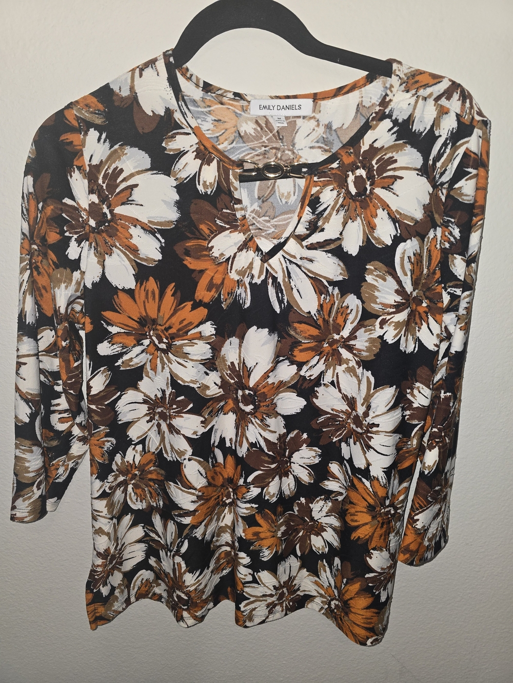 Emily Daniels Black Floral V-Neck Tunic with Orange Accents